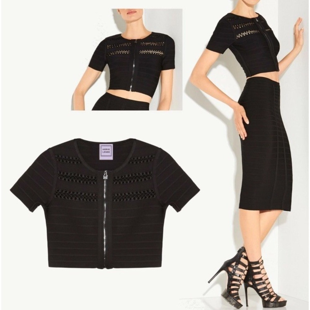 Herve‎ Leger GHLEANNA Small Black Cage Stitch Crop Jacket Top Short Sleeve $1140
